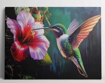 Ready to Hang HUMMINGBIRD CANVAS - Large Horizontal POSTER Bird Flower Wall Art Modern Colibri Nature Cute Vibrant Colorful Home Decor