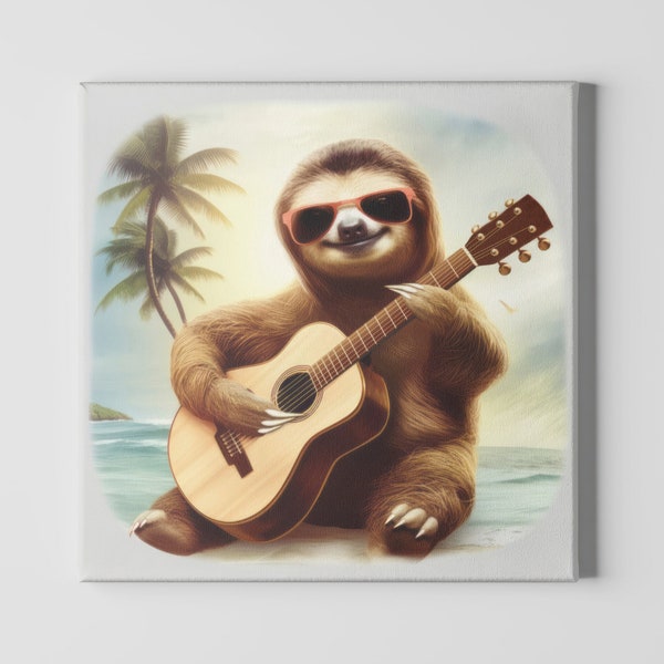 Sloth Playing Guitar Digital Print Animal Printable Wall Art Decor Artwork Instant Download Beach Funny Tropical Wallpaper Costa Rica Music