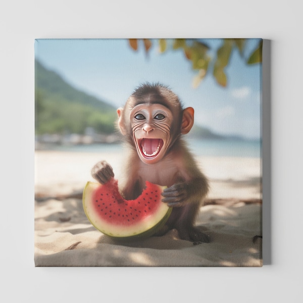 Cute Baby Monkey On a Beach Digital Print Animal Printable Wall Art Decor Artwork Instant Download Wallpaper Island Tropical Funny Funky