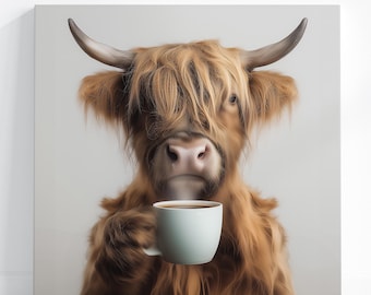 Ready to Hang HIGHLAND COW CANVAS - Cow Drinking Coffee Mug Poster Funny Kitchen Wall Art Coffee Shop Artwork Scottish Cattle Farm Decor