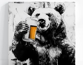 Ready to Hang GRIZZLY CANVAS - Brown Bear Drinking Beer Funny Rustic Bar POSTER Alcohol Kitchen Wall Art Beer Lover Husband Gift Man Cave