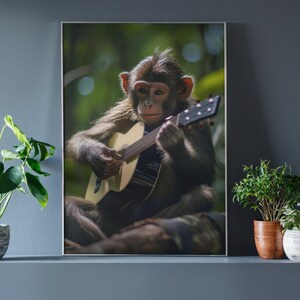 May include: A brown and black monkey sits in a green forest and plays a brown acoustic guitar.