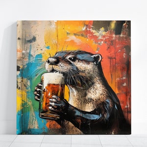 Ready to Hang OTTER CANVAS - Funny Abstract Animal Drinking Beer Framed Cute POSTER Alcohol Wall Art Graffiti Bar Pub Decor Gift For Him