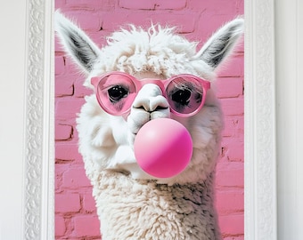 ALPACA DIGITAL PRINT Llama Printable Funny Poster Cool Kid Wall Art Pink Decor Artwork Blowing BubbleGum Girl And Teen Bedroom Love Pop Art