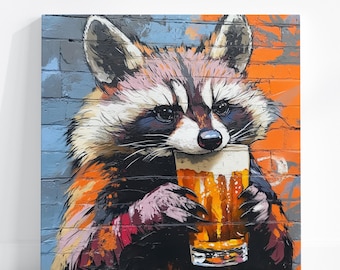 Ready to Hang RACCOON CANVAS - Funny Animal Drinking Beer Graffiti Abstract Man Cave POSTER Alcohol Wall Art Mischievous Home Bar Decor