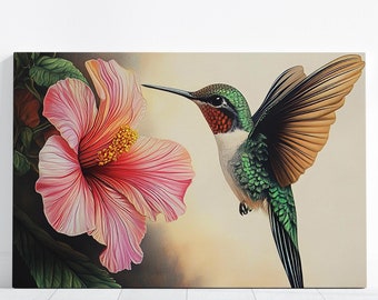 Ready to Hang HUMMINGBIRD CANVAS - Large Horizontal POSTER Bird Flower Wall Art Modern Colibri Nature Cute Vibrant Colorful Home Decor