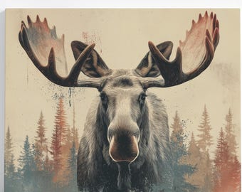 Ready to Hang MOOSE CANVAS - Large Horizontal Forest Animal POSTER Rustic Abstract Lodge Country Wall Art Woodland Cabin Cottage Artwork