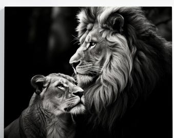 Ready to Hang LION CANVAS - Large Horizontal Vertical Romantic Animal Couple Lover Framed POSTER Wall Art Cute Girlfriend Gift Lioness Love