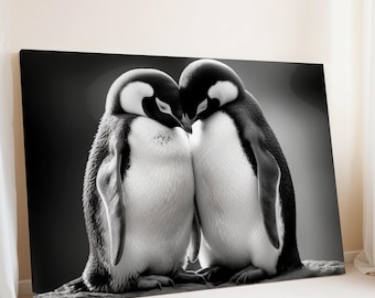Ready to Hang PENGUIN CANVAS Large Horizontal Romantic Cute Animal Couple Framed Poster Wall Art Perfect Gift Girlfriend Wedding Valentine