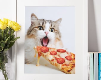 Cute Cat Eating Pizza Digital Print Animal Poster Printable Wall