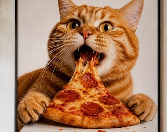 Lindo gato comiendo pizza, lámina digital, divertido arte de pared para cocina, decoración de pizzería, póster de pizzería, gato feliz comiendo pizza, arte para dormitorio de niños y adolescentes