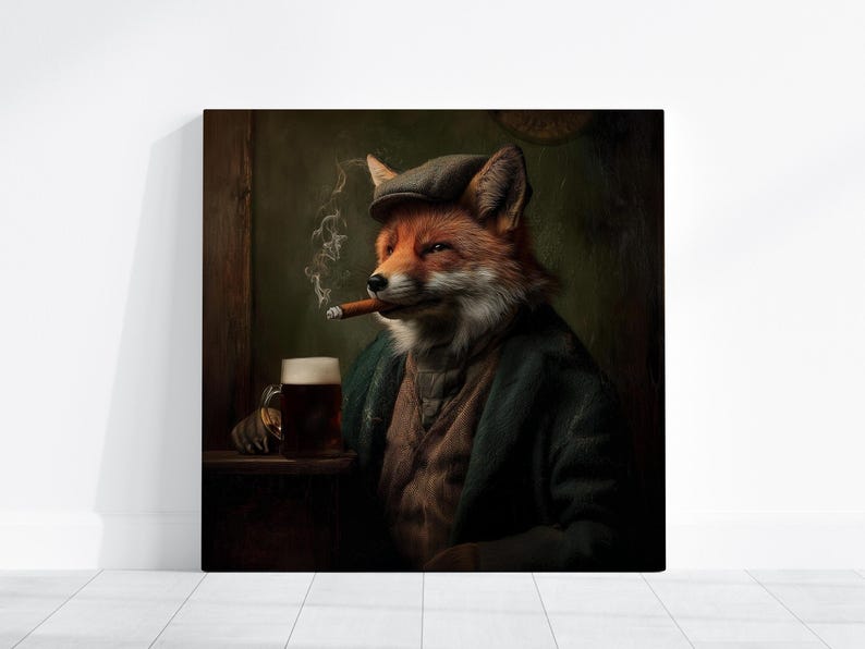 May include: A digital painting of a fox in a tweed cap and green coat, smoking a cigar and holding a mug of beer. The fox is depicted in a pub setting, with a dark, vintage aesthetic. The artwork evokes a sense of whimsy and character.