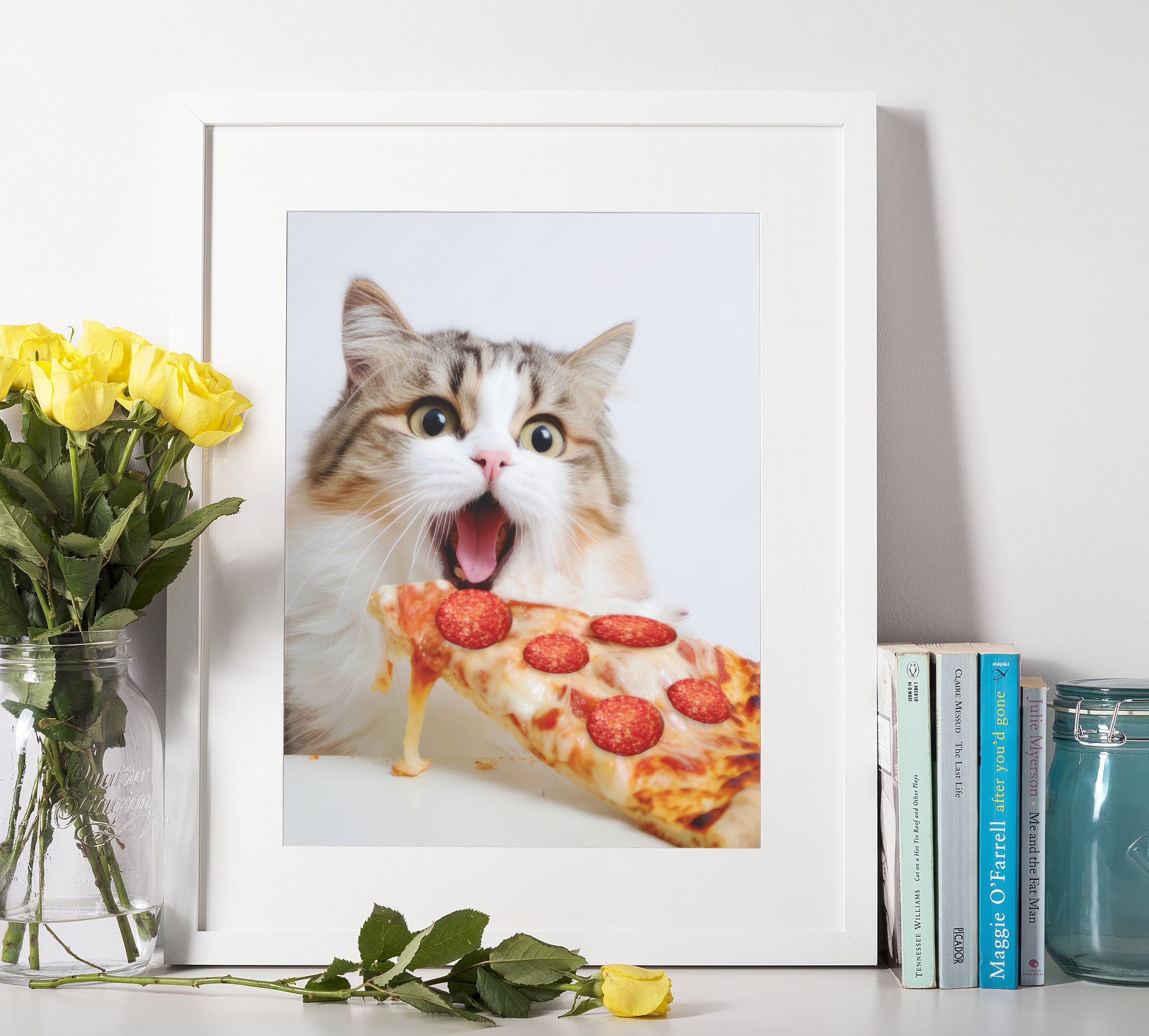 Cute Cat Eating Pizza Digital Print Animal Poster Printable Wall