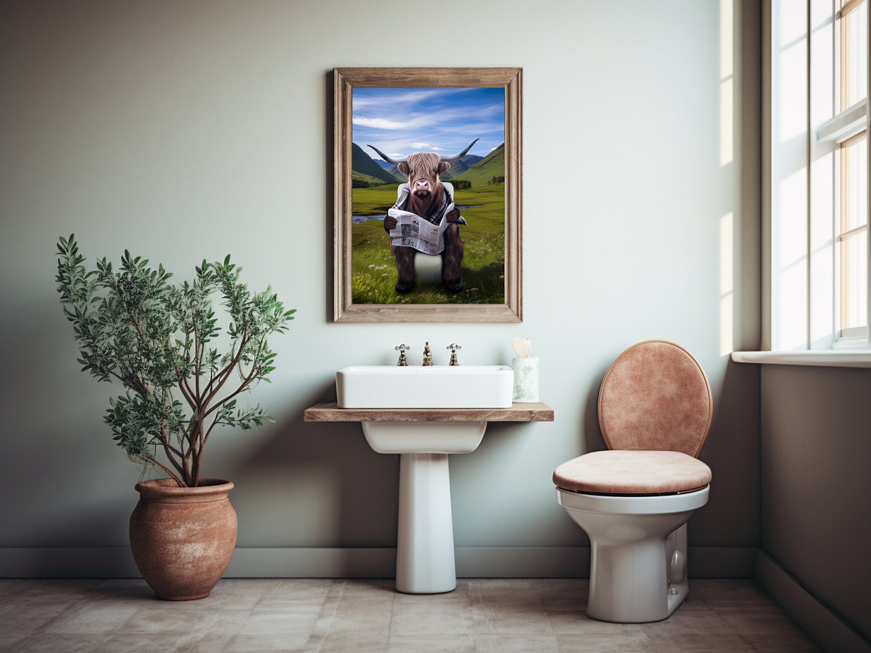 Highland Cow on a Toilet Digital Print Animal Printable Wall Art Decor ...
