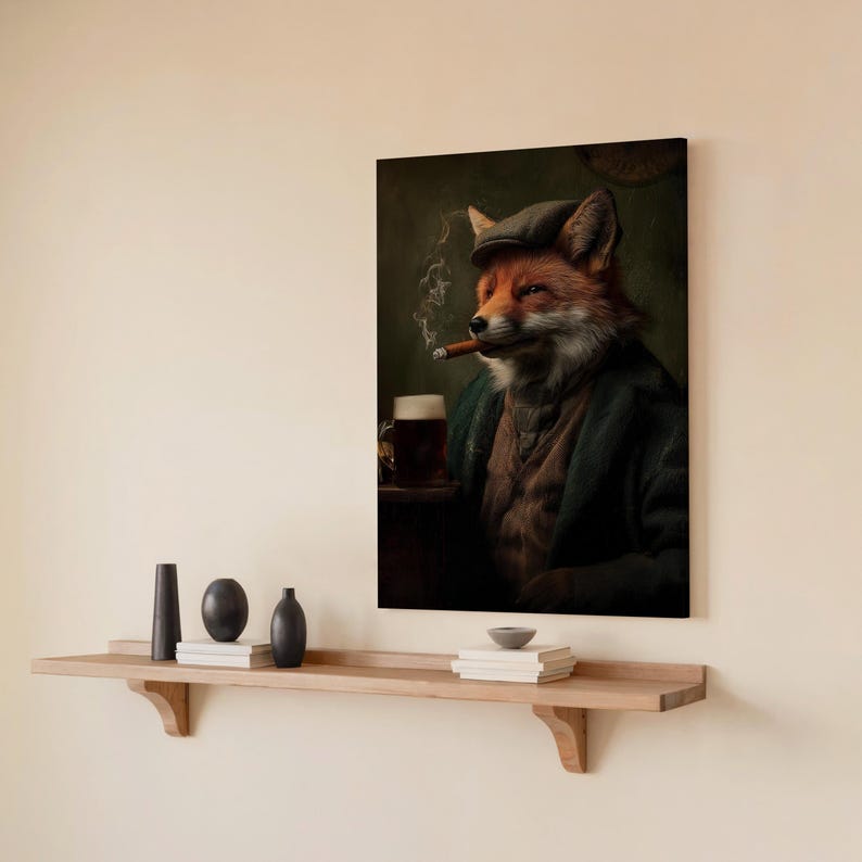 May include: A canvas print depicts a fox in a tweed cap and jacket, smoking a cigar and enjoying a pint of beer. The artwork has a vintage aesthetic with a dark, moody color palette. The fox is the central figure, exuding a sense of sophistication and leisure.