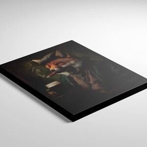 May include: A framed canvas print featuring a fox in a hat, smoking a cigar. The artwork has a dark, vintage aesthetic with the fox in a green coat and a glass of amber liquid. The print is mounted on a black frame.