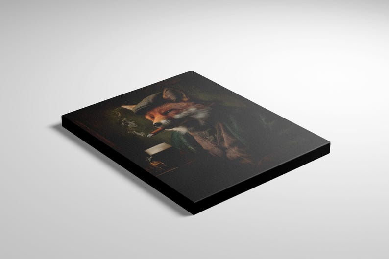 May include: A framed canvas print featuring a fox in a hat, smoking a cigar. The artwork has a dark, vintage aesthetic with the fox in a green coat and a glass of amber liquid. The print is mounted on a black frame.