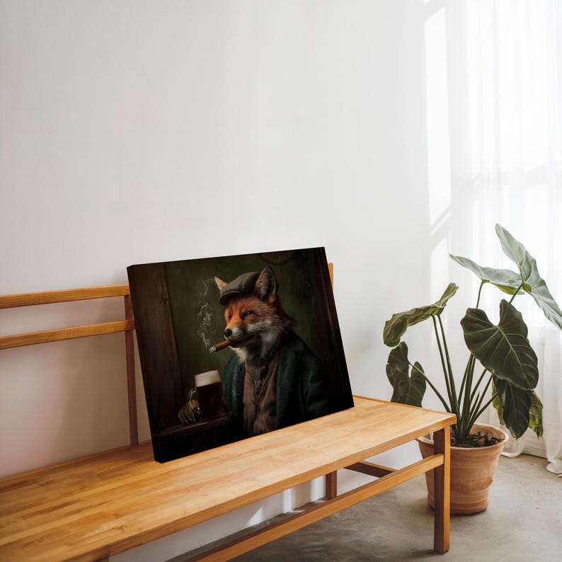May include: Canvas art print featuring a dapper fox in a tweed cap, smoking a cigar and holding a beer. The artwork has a vintage aesthetic with a dark green and brown color palette. The fox is depicted in a pub setting.