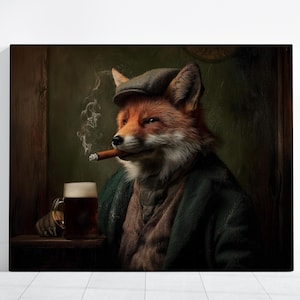 May include: A canvas print depicts a fox in a tweed cap, smoking a cigar, and holding a mug of beer. The fox is dressed in a green coat and brown vest, set against a dark, vintage-style background. The artwork evokes a classic, pub-like atmosphere.