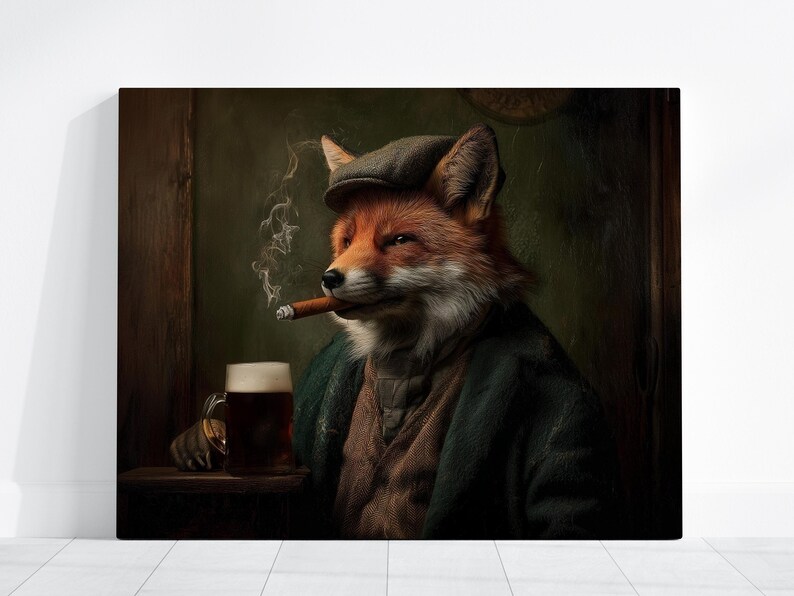 May include: A canvas print depicts a fox in a tweed cap, smoking a cigar, and holding a mug of beer. The fox is dressed in a green coat and brown vest, set against a dark, vintage-style background. The artwork evokes a classic, pub-like atmosphere.