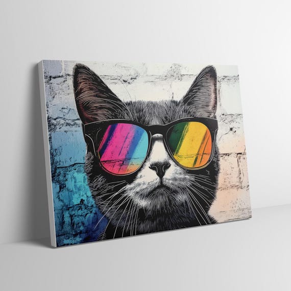 Ready to Hang CAT CANVAS - Funny Animal With SUNGLASSES Cool Stylish Street Art Modern Framed Poster Graffiti Colorful Retro Cat Wall Art