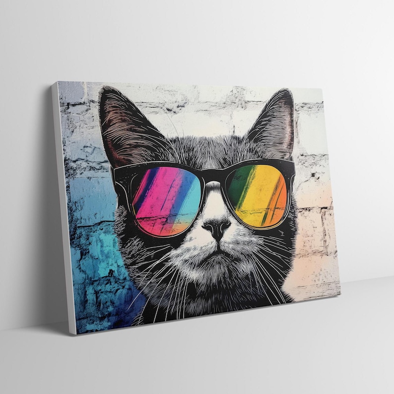 Ready to Hang CAT CANVAS - Funny Animal With SUNGLASSES Cool Stylish Street Art Modern Framed Poster Graffiti Colorful Retro Cat Wall Art bild 1