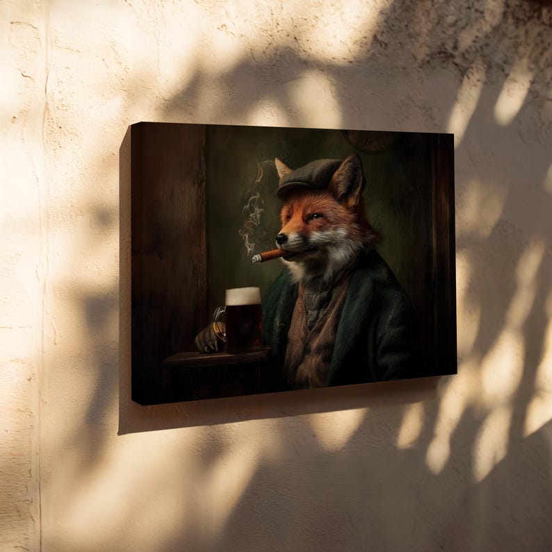 May include: A canvas print depicts a fox in a tweed cap and green coat, smoking a cigar and holding a mug of beer. The fox is in a dimly lit room, with a wooden table and a dark green background.