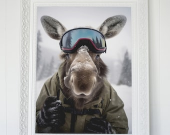 MOOSE DIGITAL PRINT Funny Animal Printable Poster Wall Art Decor Artwork Instant Download Winter Sport Snowboard Elk Skiing Gift Ski Snow