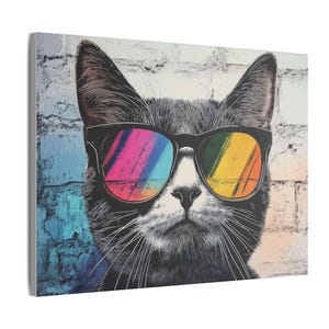 Ready to Hang CAT CANVAS - Funny Animal With SUNGLASSES Cool Stylish Street Art Modern Framed Poster Graffiti Colorful Retro Cat Wall Art bild 6