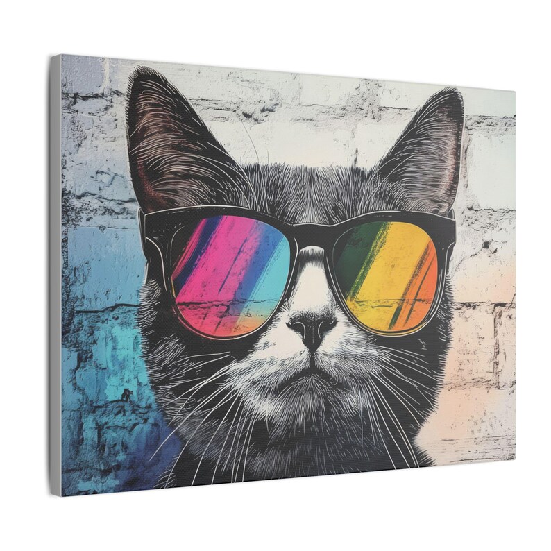 Ready to Hang CAT CANVAS - Funny Animal With SUNGLASSES Cool Stylish Street Art Modern Framed Poster Graffiti Colorful Retro Cat Wall Art bild 6