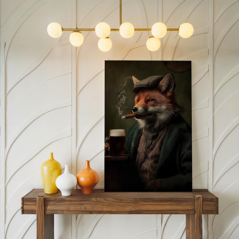 May include: A framed canvas art print depicts a fox in a tweed cap and jacket, smoking a cigar and enjoying a beer. The artwork has a vintage aesthetic with a dark green and brown color palette. The print is displayed on a wooden table with decorative vases.