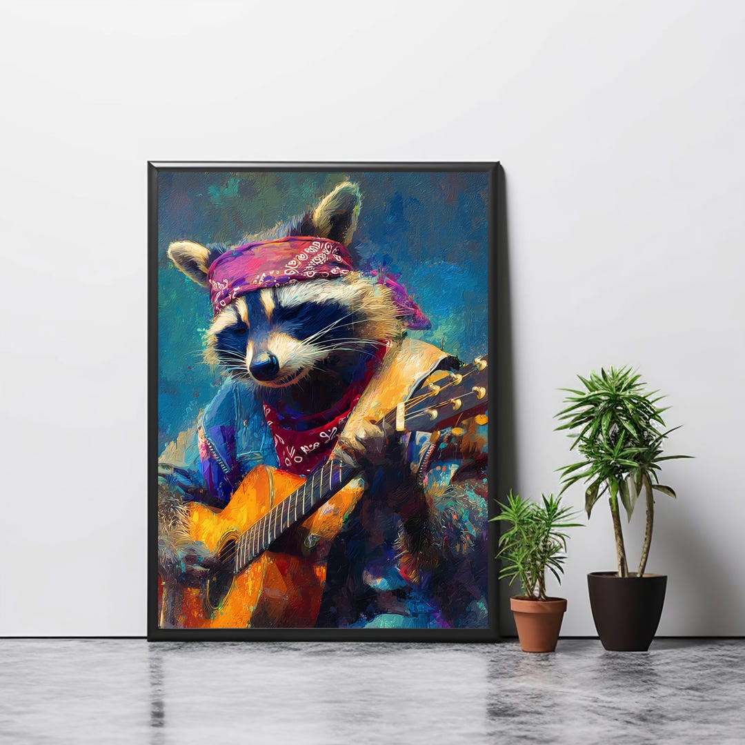 RACCOON DIGITAL PRINT Funny Rockstar Playing Guitar Printable Guitarist ...