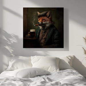 May include: Square canvas art print featuring a dapper fox in a tweed cap, smoking a cigar, and enjoying a pint of beer. The fox is dressed in a dark coat and vest, set against a dark, moody background. The artwork has a vintage, pub-like aesthetic.