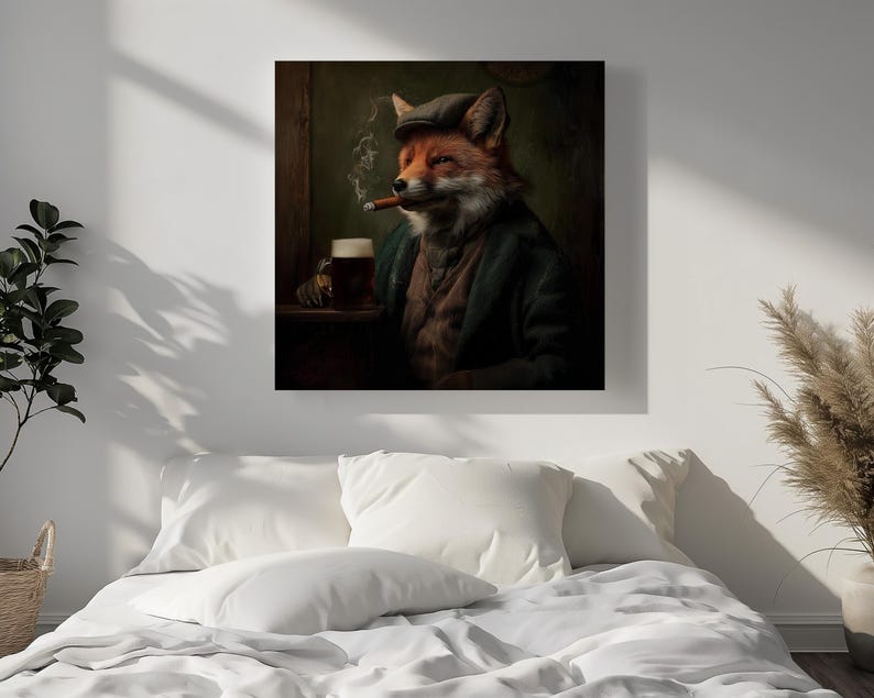 May include: Square canvas art print featuring a dapper fox in a tweed cap, smoking a cigar, and enjoying a pint of beer. The fox is dressed in a dark coat and vest, set against a dark, moody background. The artwork has a vintage, pub-like aesthetic.