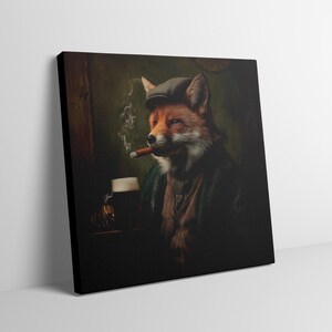 May include: Canvas art print featuring a fox in a tweed cap and jacket, smoking a cigar and holding a pint of beer. The artwork has a vintage, pub-like aesthetic with a dark, moody color palette.