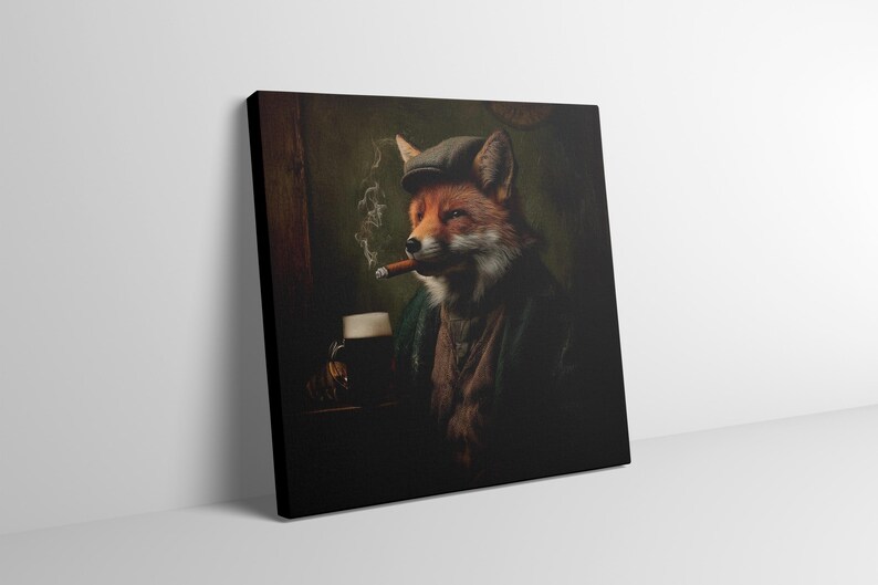 May include: Canvas art print featuring a fox in a tweed cap and jacket, smoking a cigar and holding a pint of beer. The artwork has a vintage, pub-like aesthetic with a dark, moody color palette.
