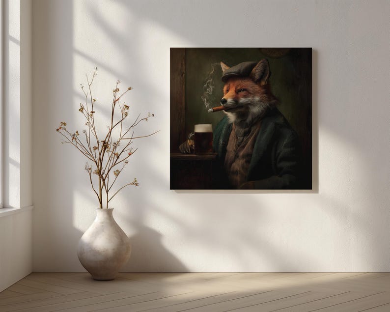 May include: A square canvas print depicts a fox in a tweed cap and jacket, smoking a cigar and holding a beer. The artwork has a vintage, anthropomorphic style, with a dark, moody color palette. A vase with dried branches sits in the foreground.
