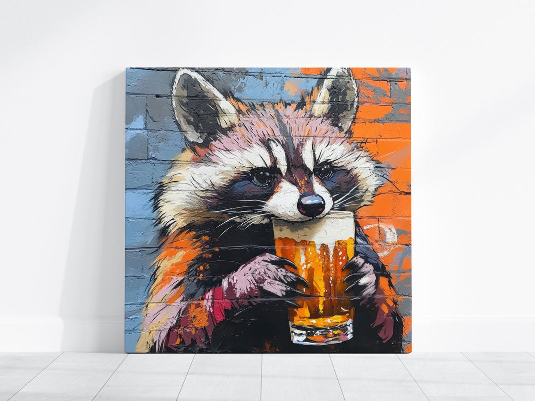 Ready to Hang RACCOON CANVAS - Funny Animal Drinking Beer Graffiti ...