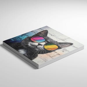 Ready to Hang CAT CANVAS - Funny Animal With SUNGLASSES Cool Stylish Street Art Modern Framed Poster Graffiti Colorful Retro Cat Wall Art bild 3
