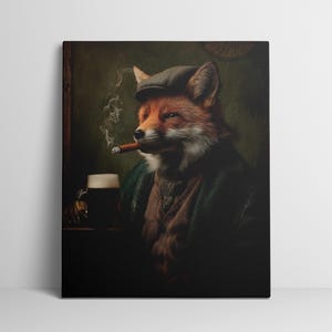 May include: Canvas art print featuring a fox in a tweed cap and coat, smoking a cigar and enjoying a beer. The fox is depicted in a classic, vintage style, with a dark green and brown color palette.