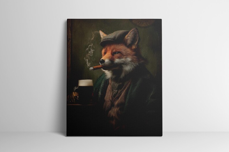 May include: Canvas art print featuring a fox in a tweed cap and coat, smoking a cigar and enjoying a beer. The fox is depicted in a classic, vintage style, with a dark green and brown color palette.