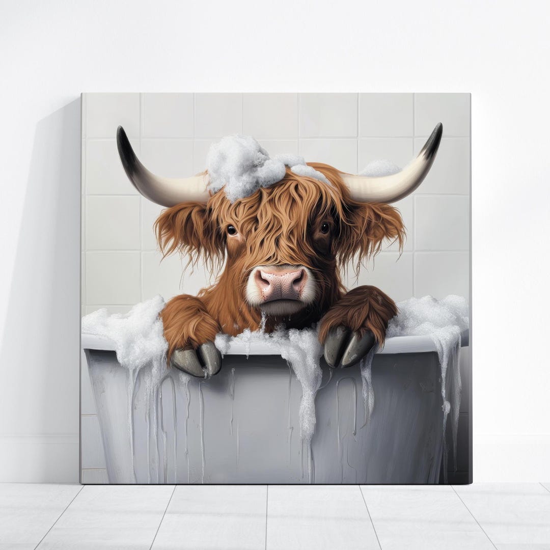 Ready to Hang HIGHLAND COW CANVAS - Funny Bathroom Decor Bubble Bathtub ...