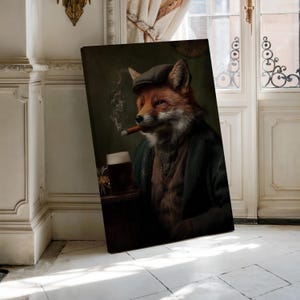 May include: Canvas art print featuring a dapper fox in a tweed cap, smoking a cigar, and enjoying a pint of beer. The fox is dressed in a green coat and brown vest, set against a dark green background. A unique piece for home decor.