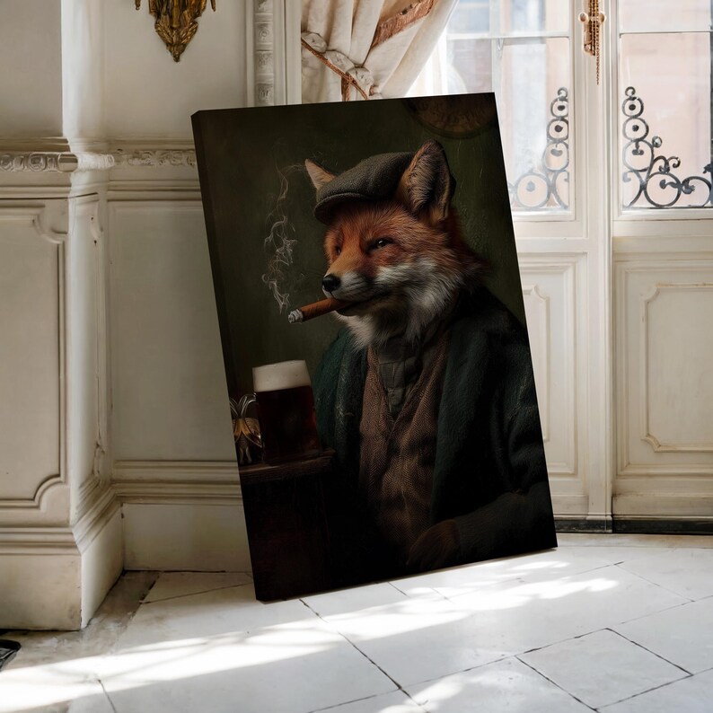 May include: Canvas art print featuring a dapper fox in a tweed cap, smoking a cigar, and enjoying a pint of beer. The fox is dressed in a green coat and brown vest, set against a dark green background. A unique piece for home decor.