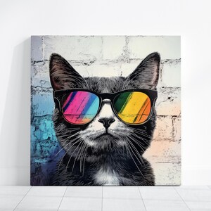 Ready to Hang CAT CANVAS - Funny Animal With SUNGLASSES Cool Stylish Street Art Modern Framed Poster Graffiti Colorful Retro Cat Wall Art bild 5