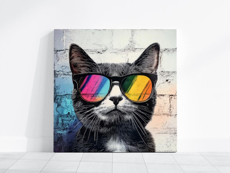 Ready to Hang CAT CANVAS - Funny Animal With SUNGLASSES Cool Stylish Street Art Modern Framed Poster Graffiti Colorful Retro Cat Wall Art bild 5