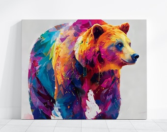 Ready to Hang GRIZZLY CANVAS - Large Horizontal BEAR Portrait Framed Poster Colorful Vibrant Abstract Watercolor Wall Art Painting Style