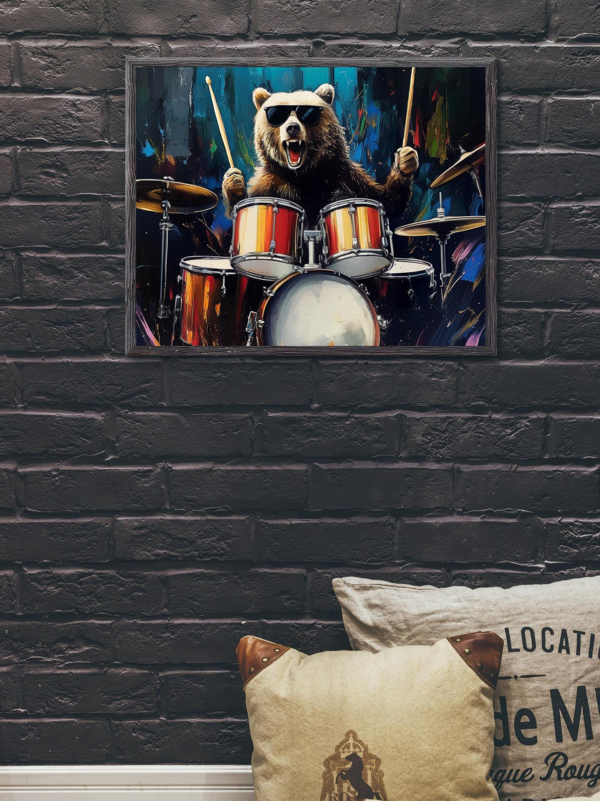 BEAR DIGITAL PRINT Animal Playing Drum Funny Printable Rock N Roll Poster Cool Wall Art Heavy Metal Music Drummer Gift Bear With Sunglasses