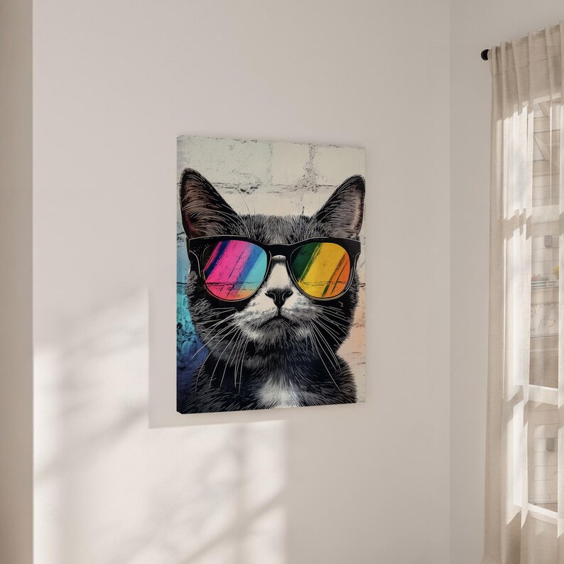 Ready to Hang CAT CANVAS - Funny Animal With SUNGLASSES Cool Stylish Street Art Modern Framed Poster Graffiti Colorful Retro Cat Wall Art bild 4