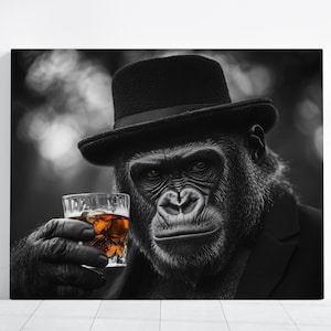 Ready to Hang GORILLA CANVAS - Drinking Whiskey Abstract Monkey Beer Alcohol Funny Mob Mafia Gangster Cigar Man gift Framed Wall Art